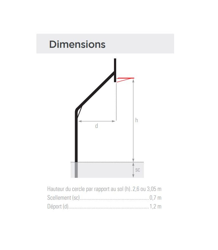 DIMENSIONS BUT DE BASKET EXTERIEUR TUBE ROND DEPORT 1.2 M