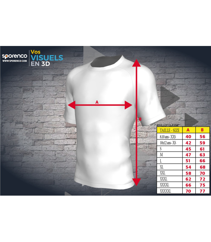TAILLES MAILLOT DE RUGBY CLUBCOUPE CLASSIQUE