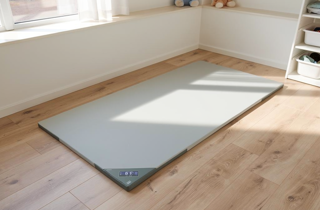 Tapis de gymnastique gris posé dans un coin de chambre d'enfant lumineux.