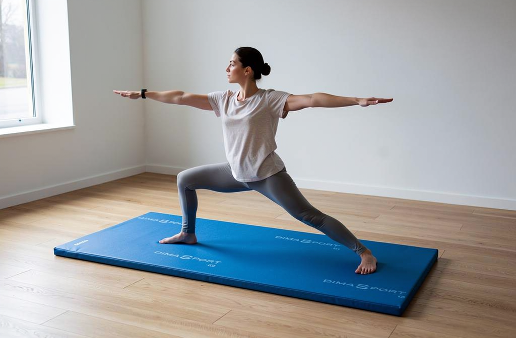 Tapis de gym bleu posé sur un parquet dans une salle de sport à domicile, utilisé pour le yoga et le fitness.