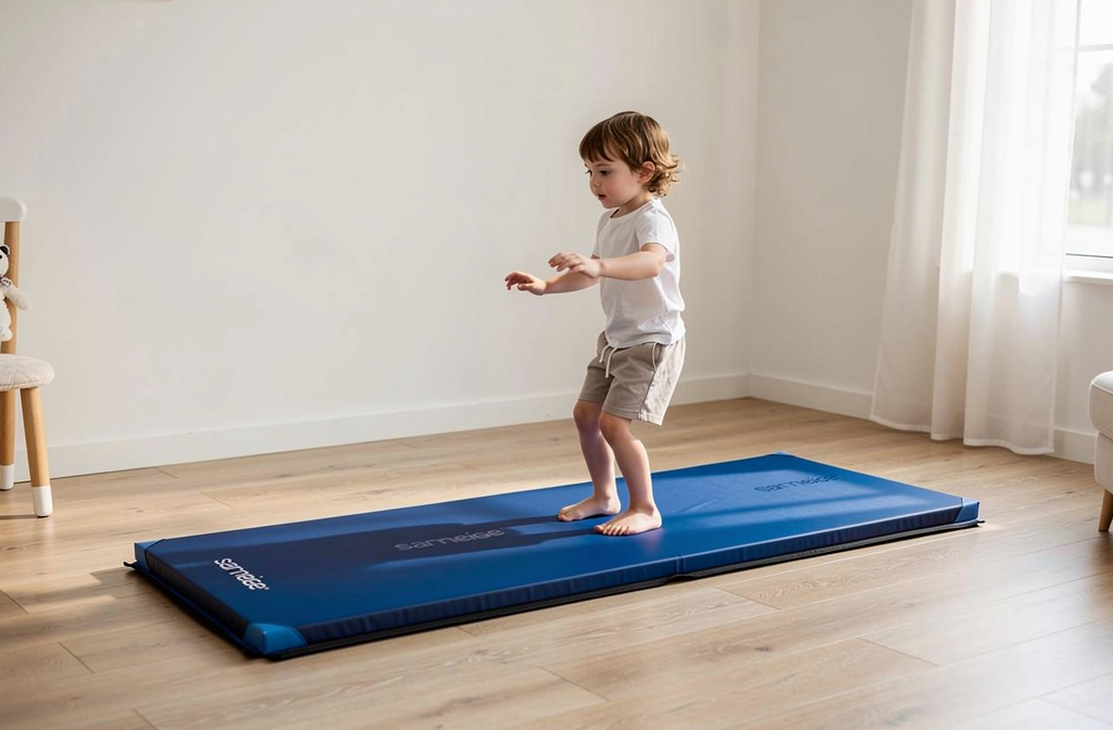 Enfant d'âge préscolaire s'exerçant à l'équilibre sur un tapis de gymnastique bleu à la maison