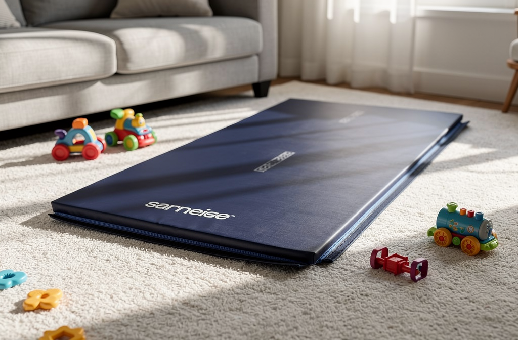 Tapis de gymnastique pliable bleu disposé dans un salon familial pour une séance de baby gym à la maison.