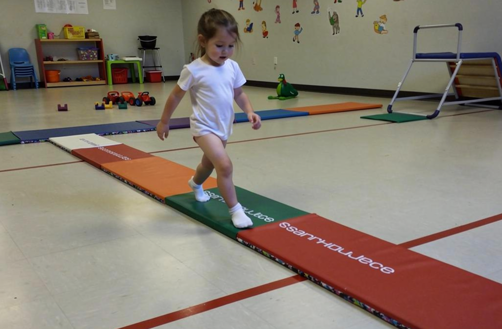 Poutre d'équilibre en mousse colorée utilisée dans un parcours de gym en maternelle