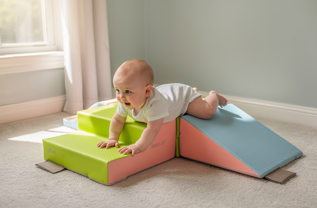 Bébé allongé sur le ventre explorant un tapis d'éveil modulable coloré dans un coin lumineux de la chambre.
