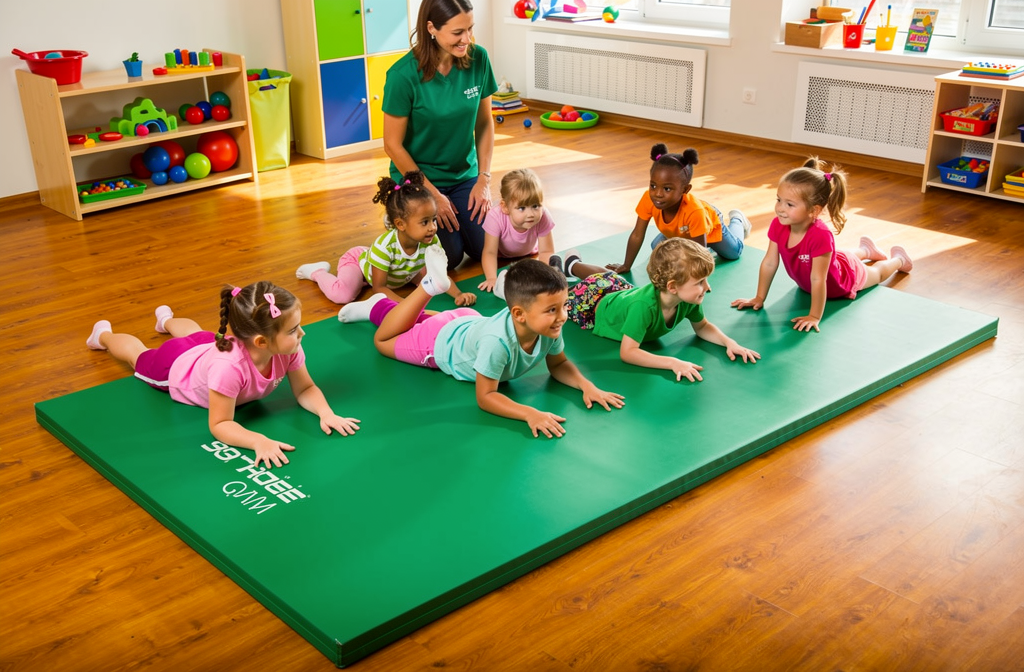 Tapis de gymnastique vert posé sur le sol d'une salle de sport maternelle avec des enfants qui font des roulades.