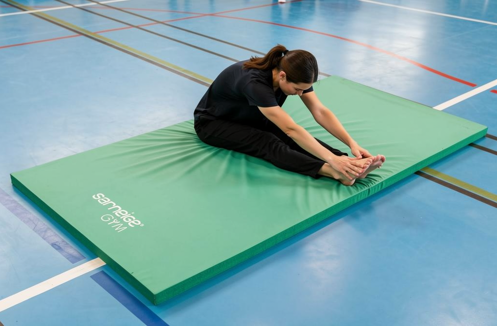 Tapis de gym épais vert posé sur le sol d'une salle de sport, avec une personne s'étirant dessus.
