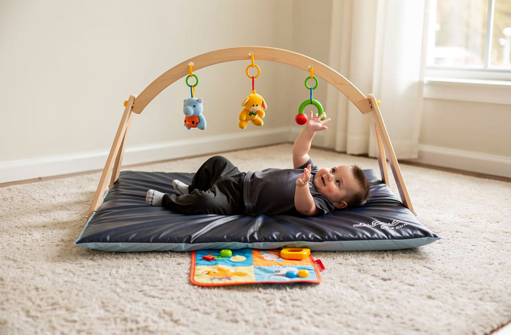 Bébé souriant allongé sur un tapis d'éveil confortable explorant des jouets suspendus.