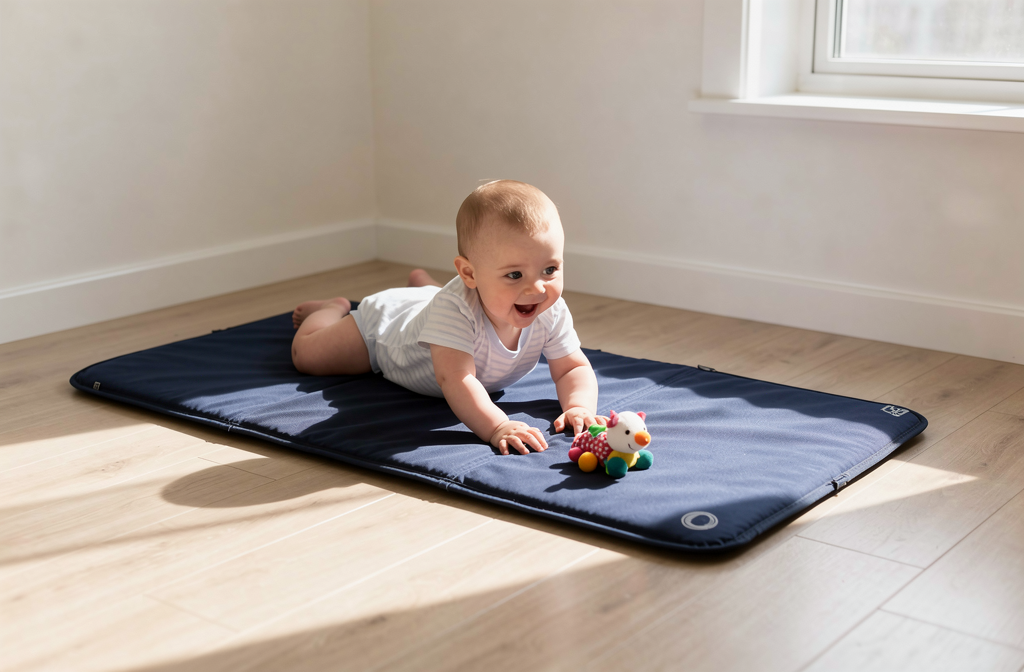 Bébé de six mois sur un tapis de motricité bleu marine dans une chambre lumineuse