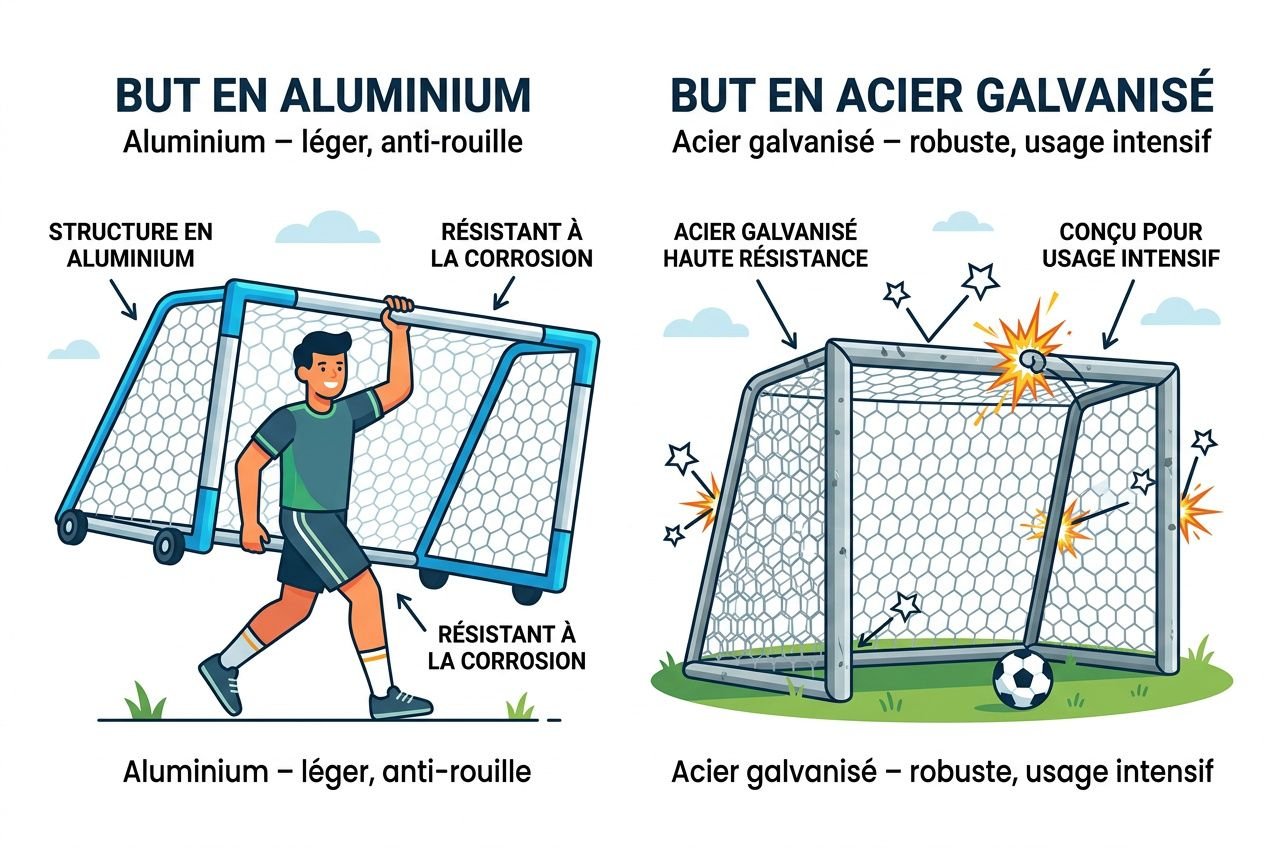 Comparatif but de foot pour cour d'école : mini but portable en aluminium léger vs but en acier galvanisé robuste, avec joueurs et ballon.