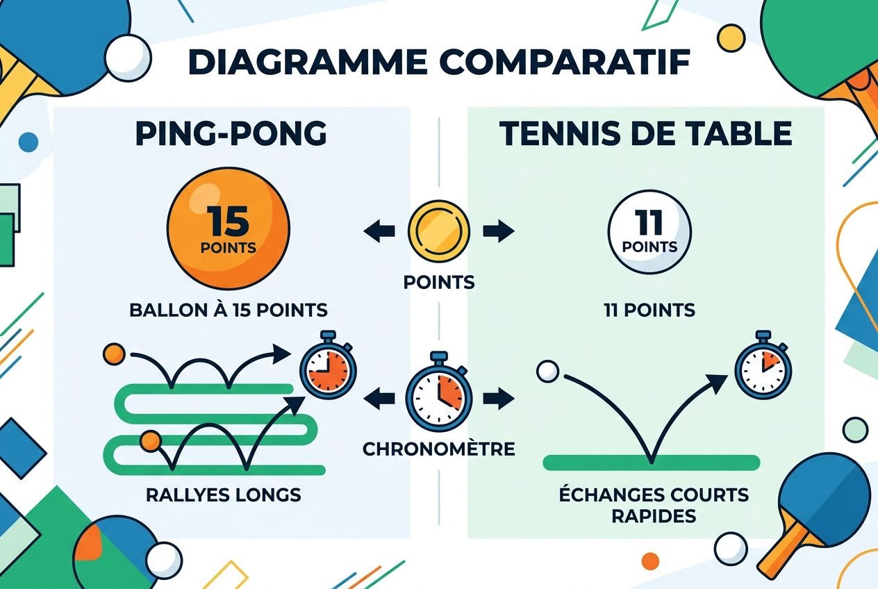 Diagramme comparatif des différences entre ping-pong et tennis de table: points, balle à 15 vs 11, rallyes longs et échanges rapides facilités par chronomètre.