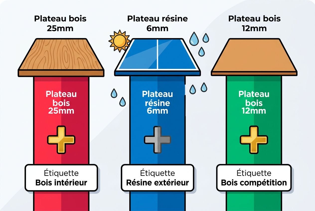 Illustration de trois plateaux: bois 25 mm, résine 6 mm et bois 12 mm, chacun posé sur une colonne colorée avec étiquette et symbole. Évoque l’épaisseur plateau table ping pong et les matières.