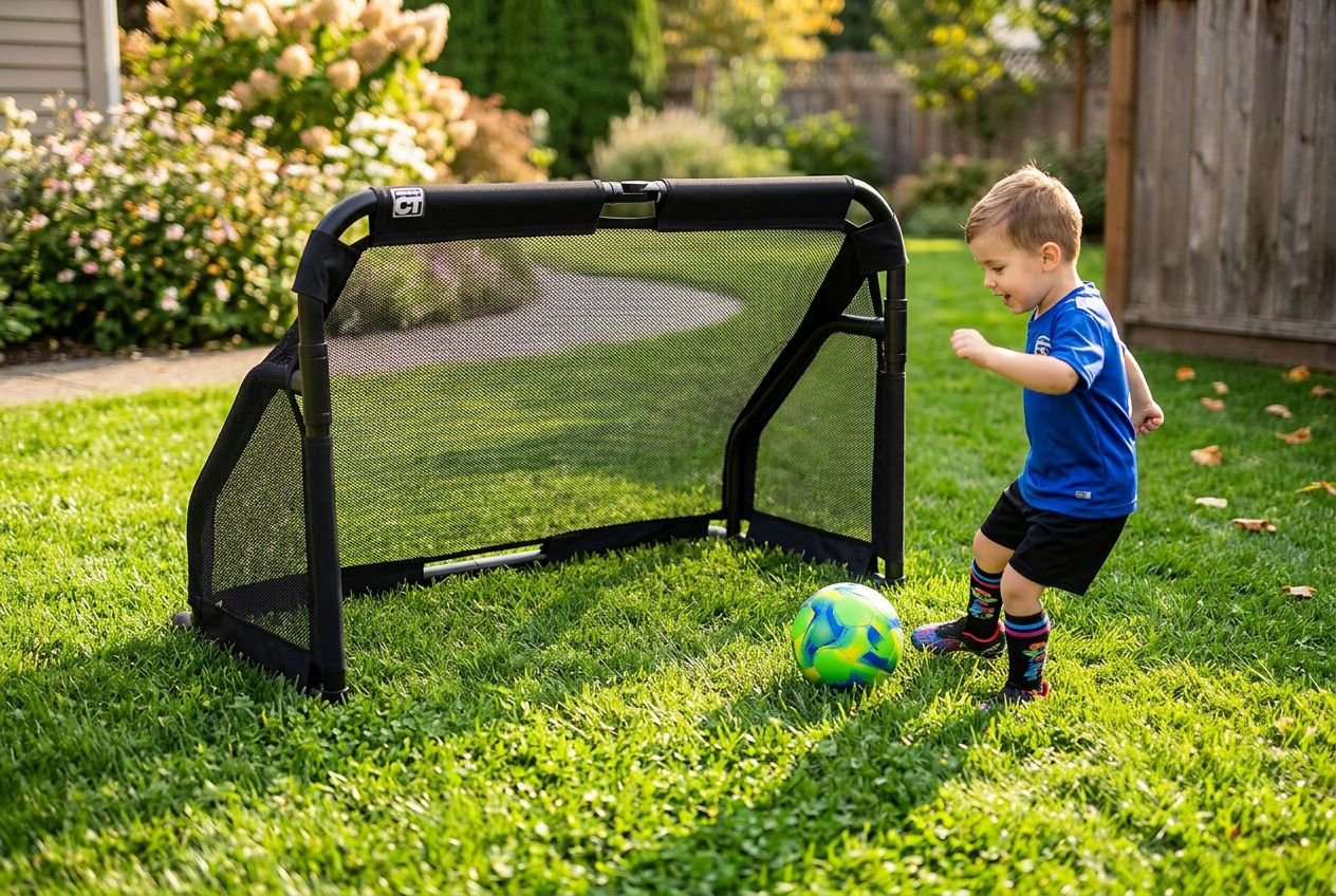 Mini-but de foot pliable pour enfant en façade de jardin avec petit garçon en bleu qui joue au ballon.