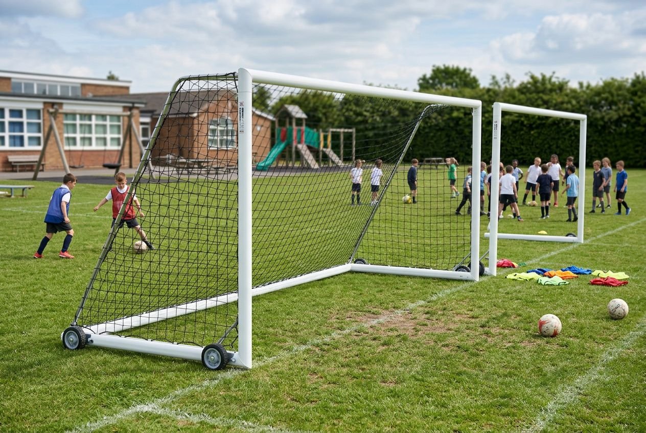 Mini but de football sur cour d'école avec enfants jouant et matériel d'entraînement à proximité.