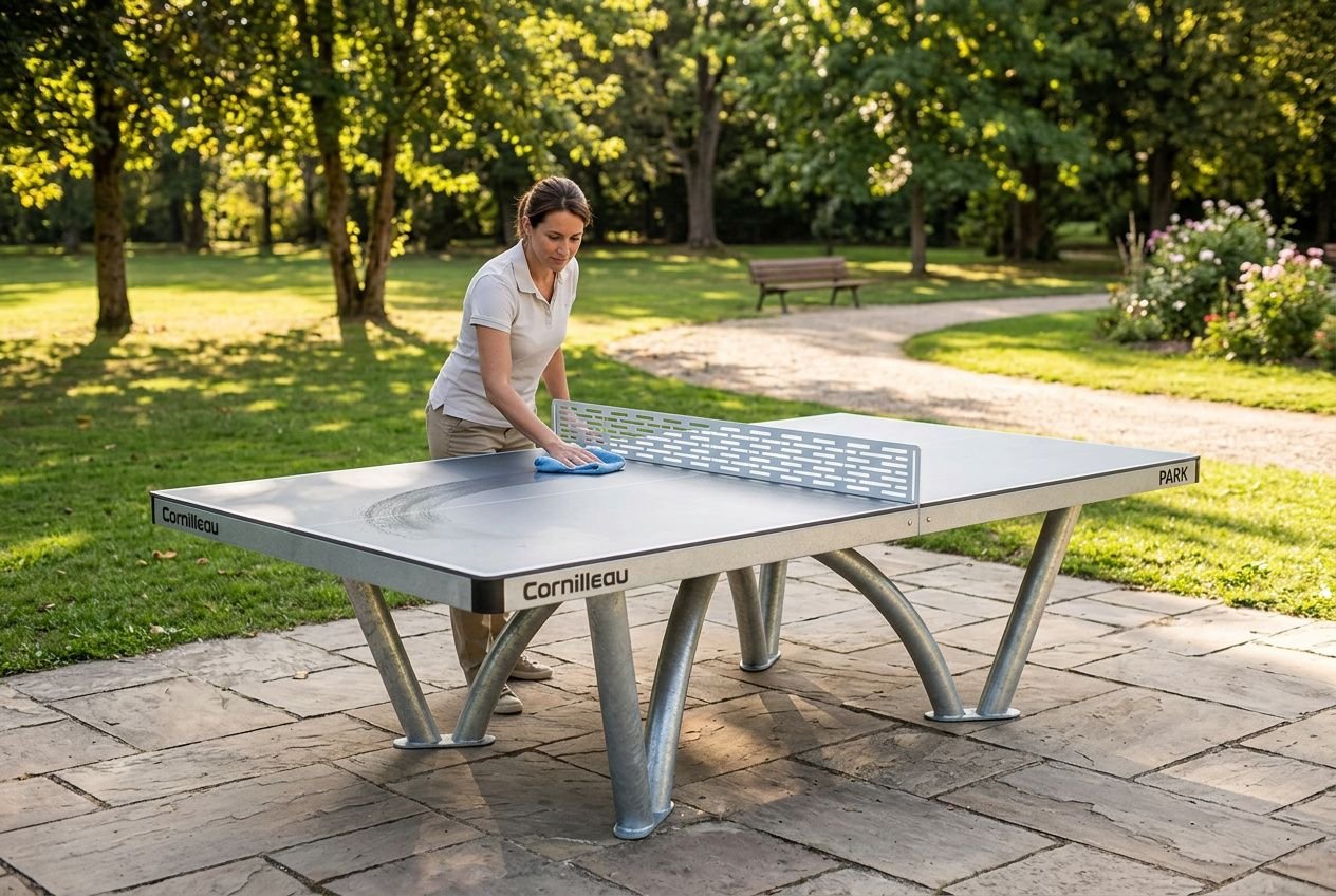 Personne nettoyant une table de ping-pong extérieure avec un chiffon bleu, sur une terrasse en parc. Entretien table ping pong aspect propre et prêt à jouer.