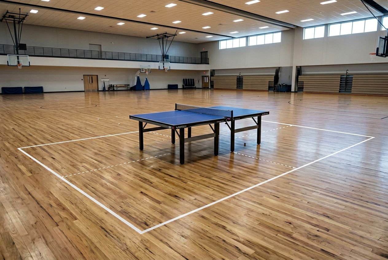 Table de ping-pong bleue réglementaire avec filet installée dans un gymnase avec les espaces libres réglementaires autour.