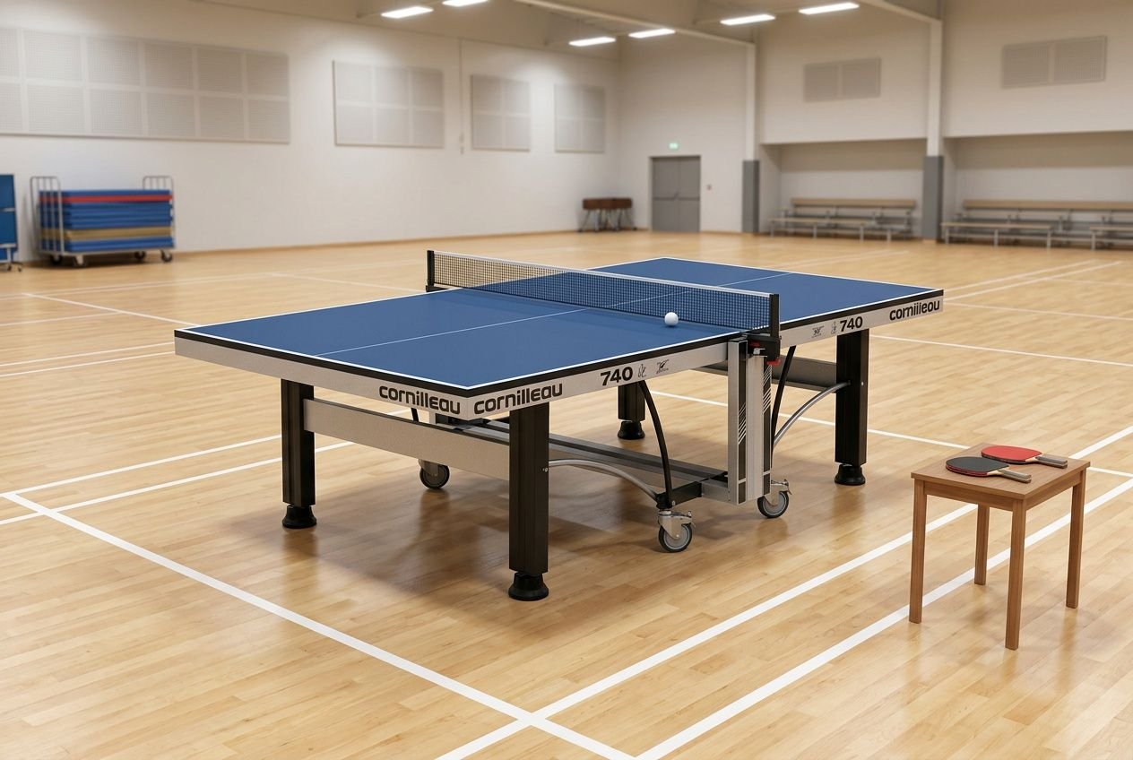 Table de ping-pong Cornilleau 740 bleue aux dimensions réglementaires ITTF dans une salle de sport intérieure.