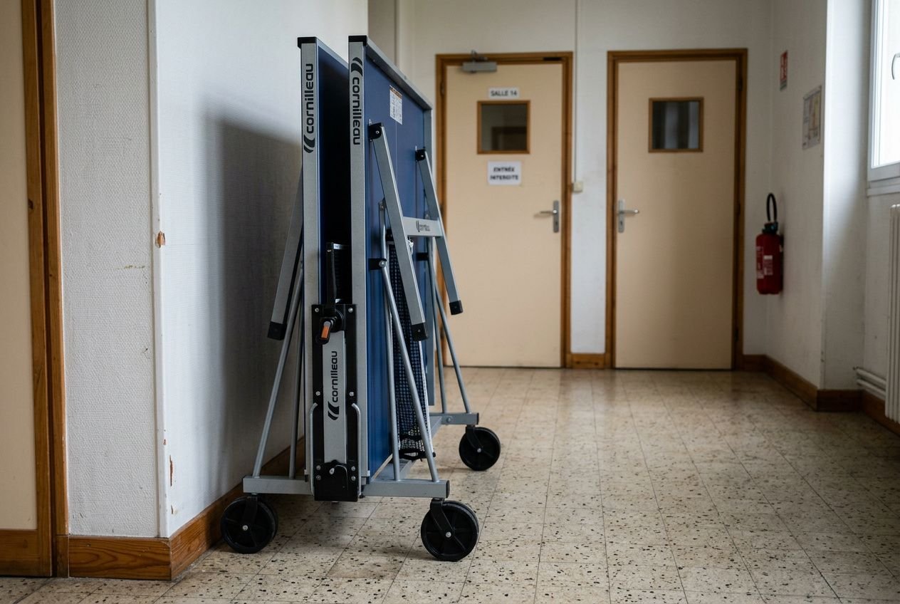 Table de ping-pong pliée sur chariot à roulettes dans un couloir, prêt à être rangée. dimension table de ping pong pliée.