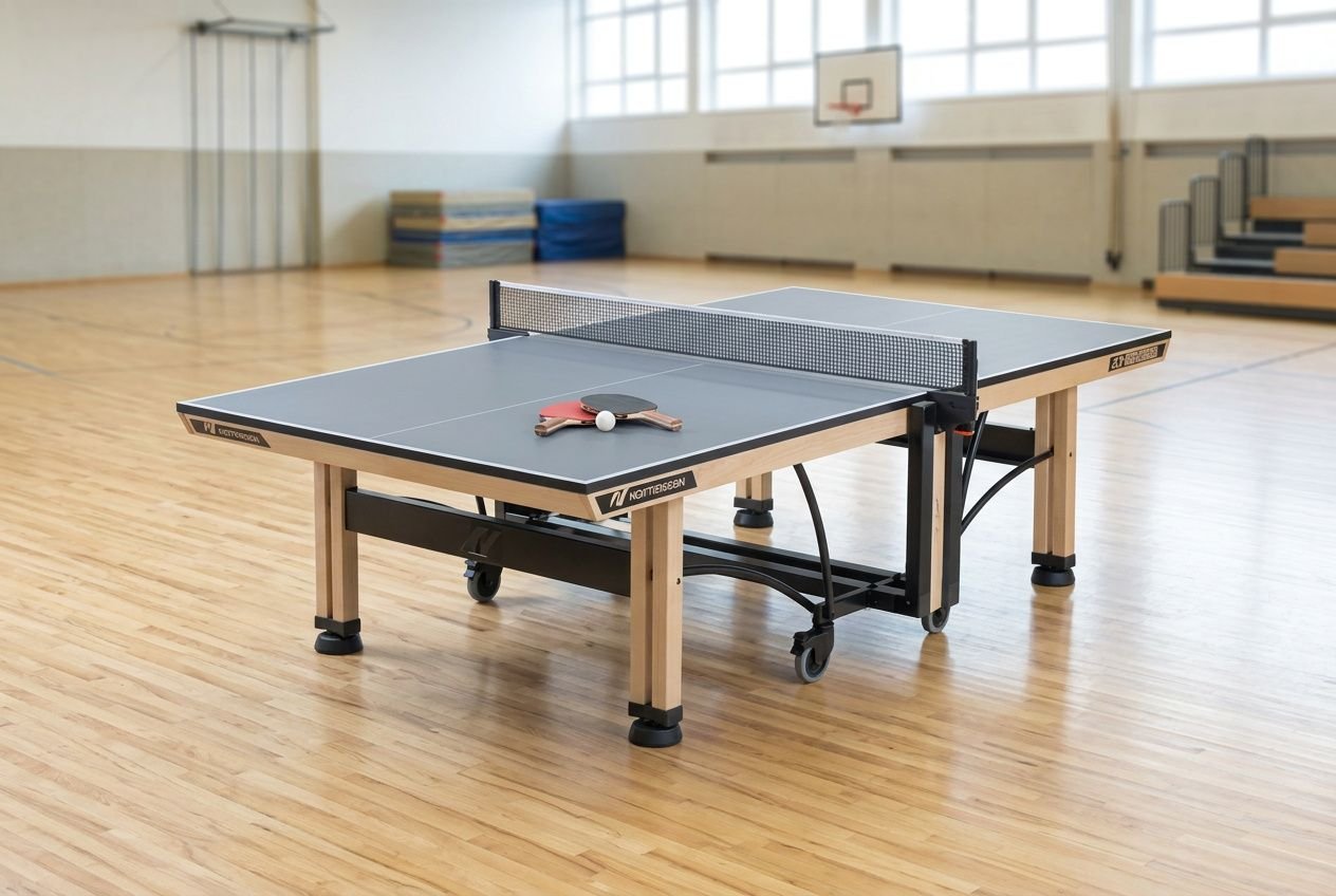 Table de ping-pong prête dans un gymnase, filet en place et raquette sur la table, près d’un parquet et de matériel sportif au fond. installer table ping pong gymnase.